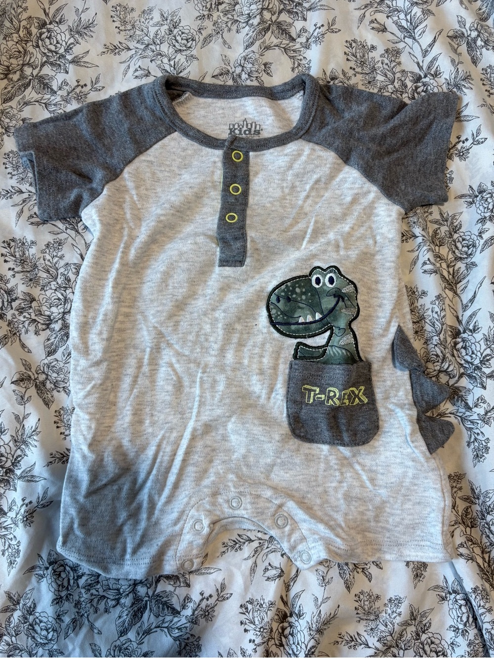Unbranded Gray & Dark Gray T‑Rex Pocket Baby Romper